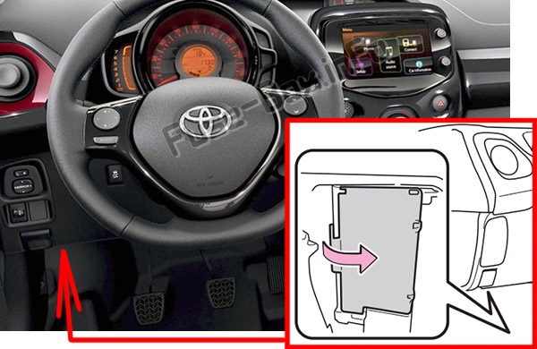 The location of the fuses in the passenger compartment: Toyota Aygo (AB40; 2014-2019-.)