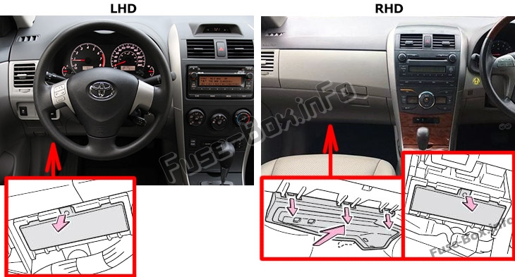 The location of the fuses in the passenger compartment: Toyota Corolla (E140/E150; 2007-2013)