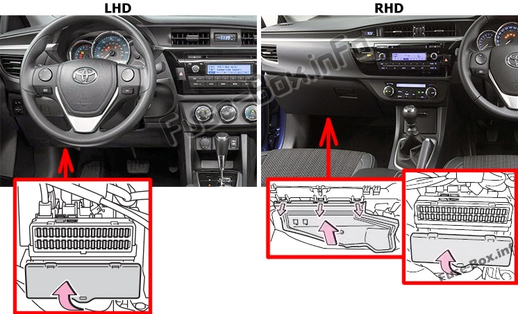 The location of the fuses in the passenger compartment: Toyota Corolla / Auris (E160/E170/E180; 2013-2018)