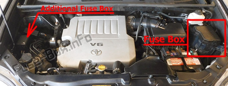 The location of the fuses in the engine compartment: Toyota Highlander (XU40; 2008-2013)
