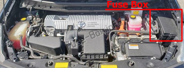 The location of the fuses in the engine compartment: Toyota Prius V / Prius+ / Prius Alpha (2012-2017)