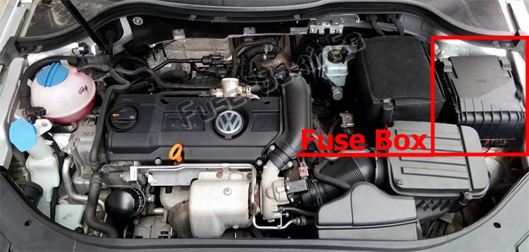 The location of the fuses in the engine compartment: Volkswagen Passat B7 (2011-2015)