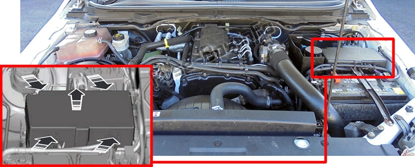 The location of the fuses in the engine compartment: Ford Ranger (2012-2015)