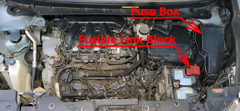The location of the fuses in the engine compartment: Nissan Murano (2009-2014)