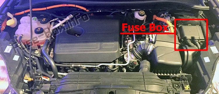 The location of the fuses in the engine compartment: Ford Escape (2020-..)
