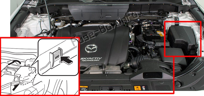 The location of the fuses in the engine compartment: Mazda CX-8 (2018)
