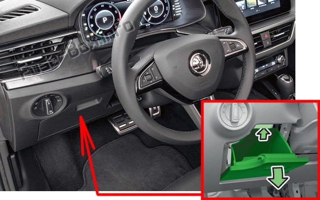 The location of the fuses in the passenger compartment: Skoda Kamiq / Scala (2019, 2020-..)
