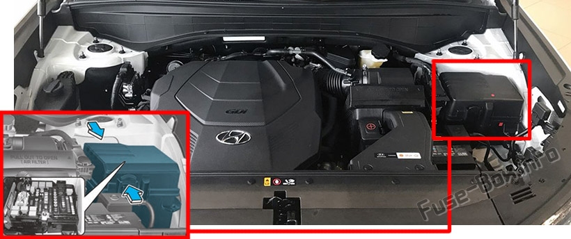 The location of the fuses in the engine compartment: Hyundai Palisade (2020-...)