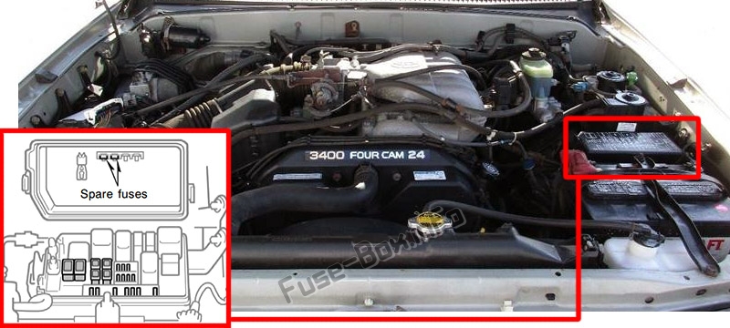The location of the fuses in the engine compartment: Toyota 4Runner (N180; 1999-2002)