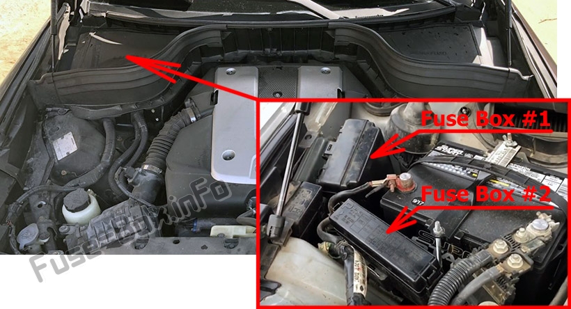 The location of the fuses in the engine compartment: Infiniti EX35/EX37 (2007-2013)