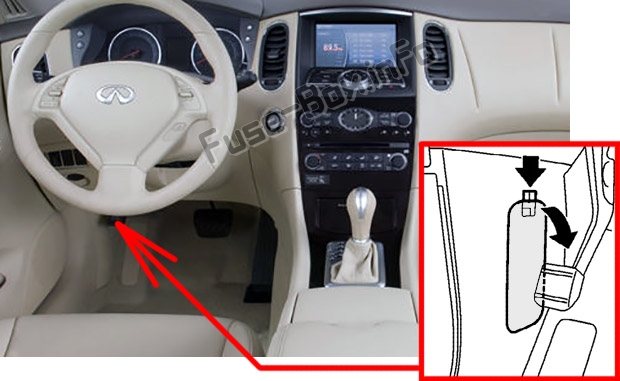 The location of the fuses in the passenger compartment: Infiniti EX35/EX37 (2007-2013)