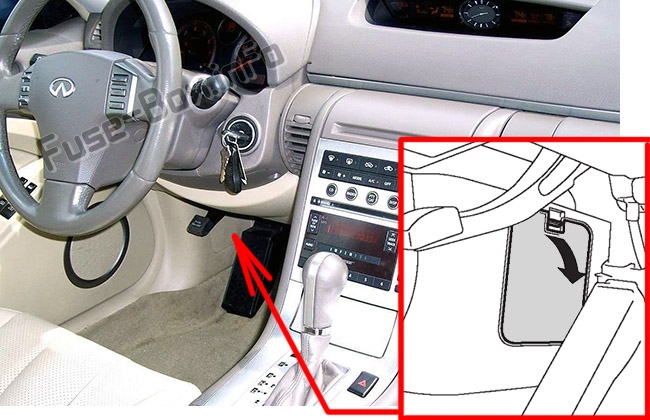 The location of the fuses in the passenger compartment: Infiniti G35 (2002-2007)