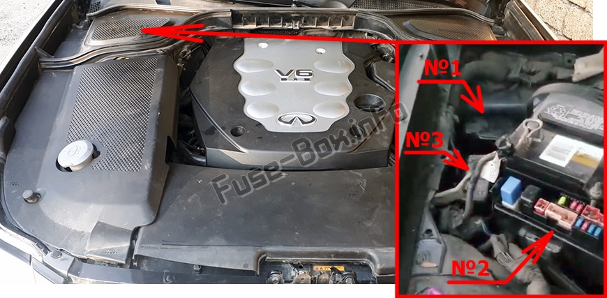 The location of the fuses in the engine compartment: Infiniti M35, M45 (2006-2010)