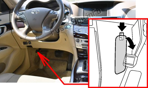 The location of the fuses in the passenger compartment: Infiniti M37, M56 (2010, 2011, 2012)
