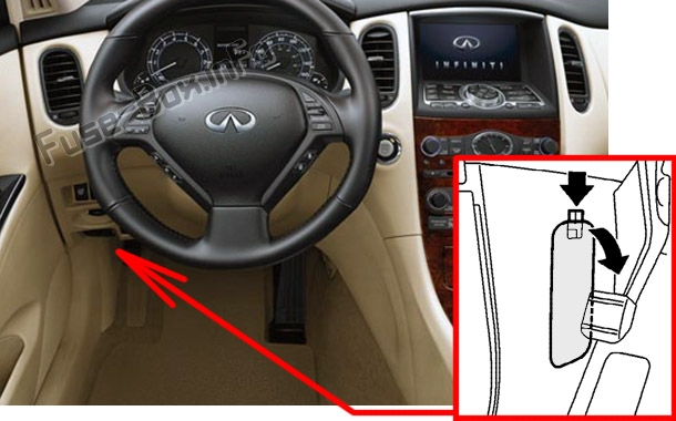 The location of the fuses in the passenger compartment: Infiniti QX50 (2013-2017)