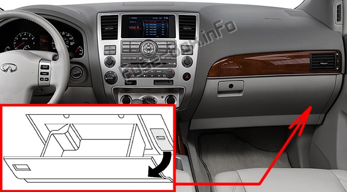 The location of the fuses in the passenger compartment: Infiniti QX56 (2008-2010)