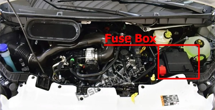 The location of the fuses in the engine compartment: Ford Transit (2019, 2020, 2021...)