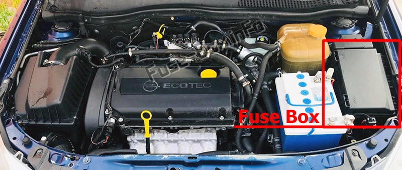 The location of the fuses in the engine compartment: Opel Astra H / Vauxhall Astra (2004-2009)