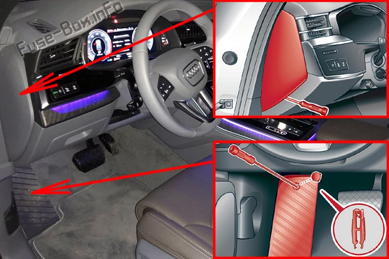 The location of the fuses in the passenger compartment: Audi Q8 (2019, 2020...)