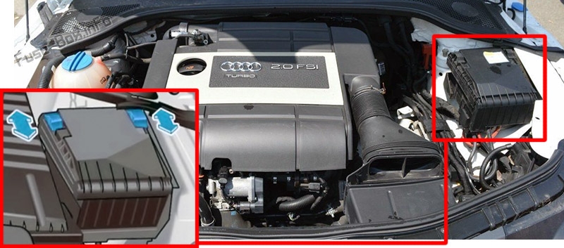 The location of the fuses in the engine compartment: Audi TT (2006-2014)