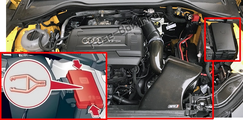The location of the fuses in the engine compartment: Audi TT (2015-2020)